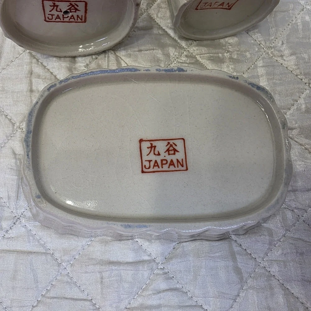 Vintage Porcelain 3 Piece Bathroom Set Japan Cup Toothbrush Holder Soap Dish